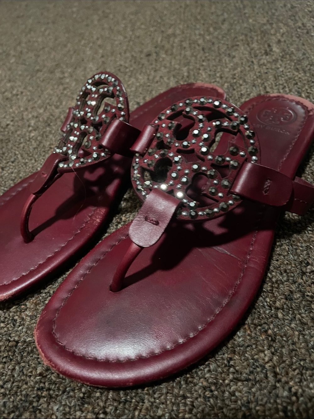 Tory Burch Burgundy Logo Studded Leather Thong Sandals